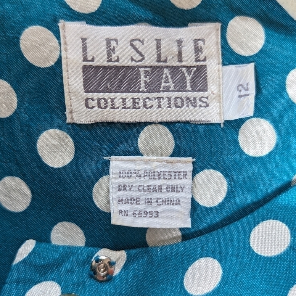 Vintage 80s Leslie Fay Teal White Polka Dot Midi Dress Drawstring 12 - Picture 6 of 12